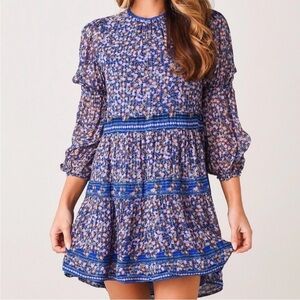 SAYLOR Talley Floral Mini Tiered Dress Blue Lurex Stripes Boho Puff Sleeves Sz S